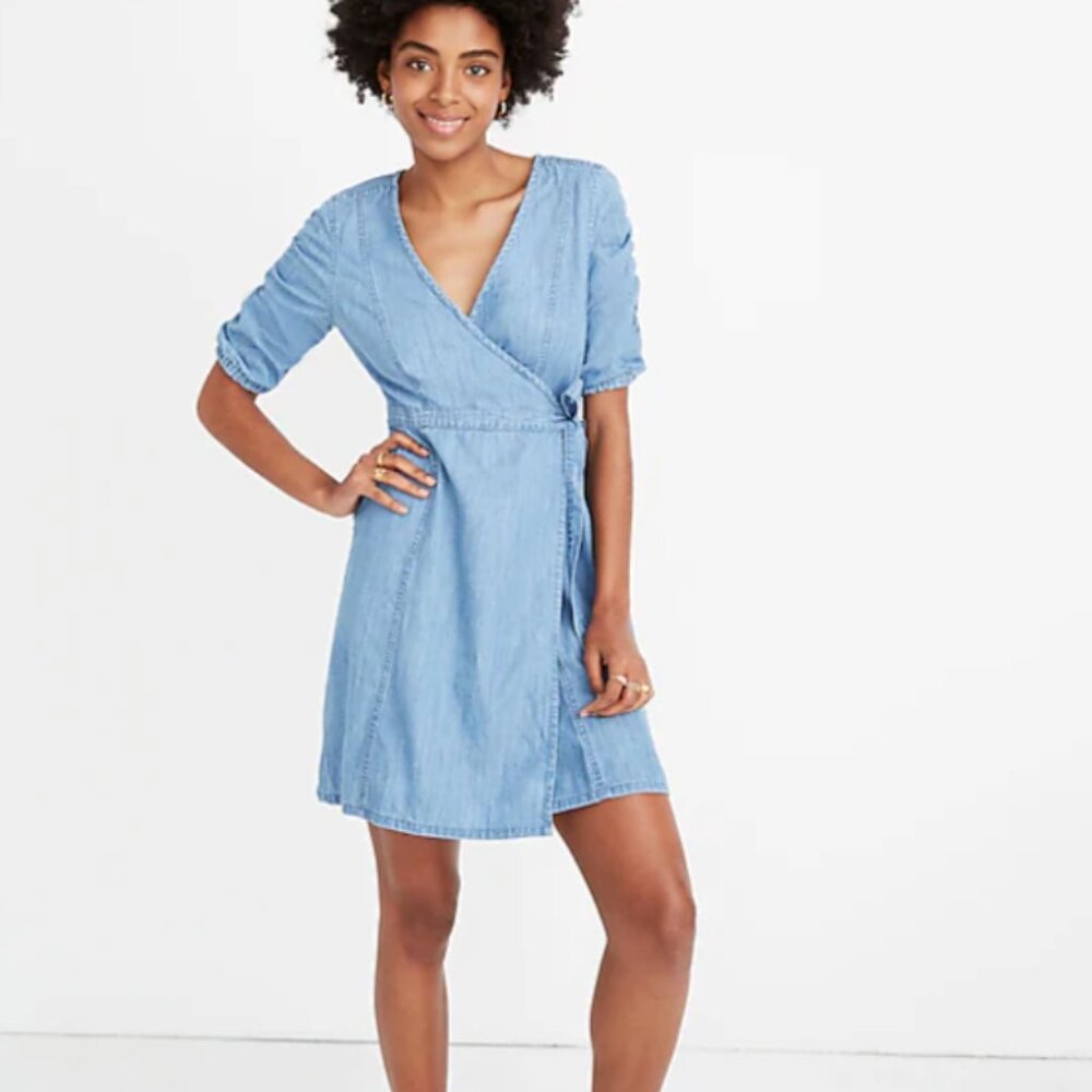 Madewell Denim Shirred-Sleeve Wrap Dress in Elsworth Wash